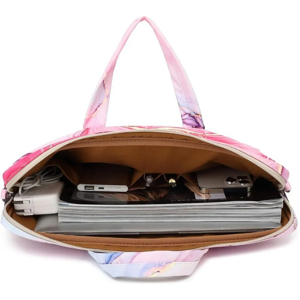 Pink Marble Laptop Tote Bag with Multiple Pockets
